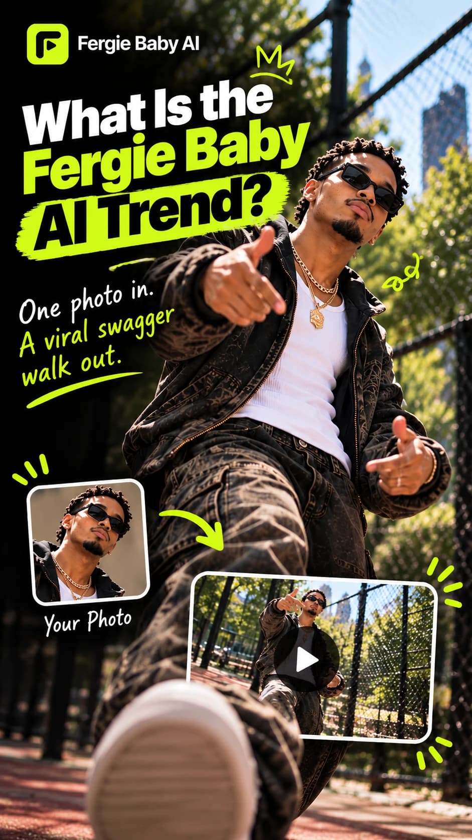 Fergie Baby AI trend graphic pairing a man's portrait with a vertical park video of him walking toward the camera.